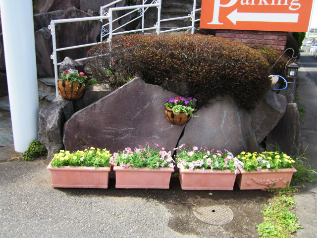 出入口付近の寄せ植え花プランター